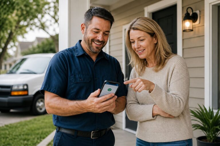 Homeowner and technician reviewing an appointment update on a phone at the front door