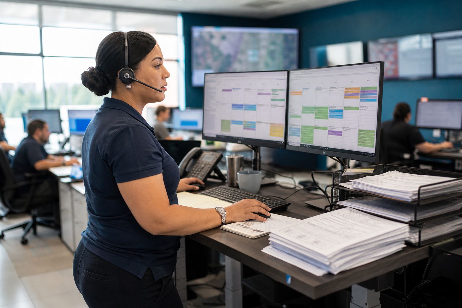 Field service dispatcher reviewing the day’s job board on dual monitors