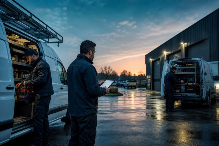 Field service team loading vans at dawn while a supervisor coordinates jobs on a tablet