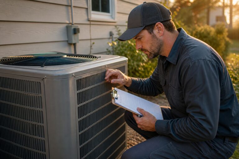 HVAC technician performing seasonal maintenance on a home outdoor unit