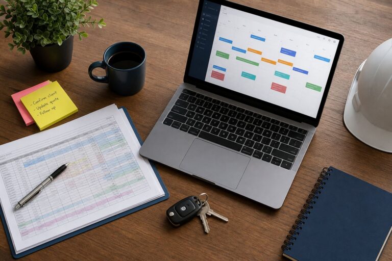 Office desk with printed schedule sheets next to a laptop calendar for field crews