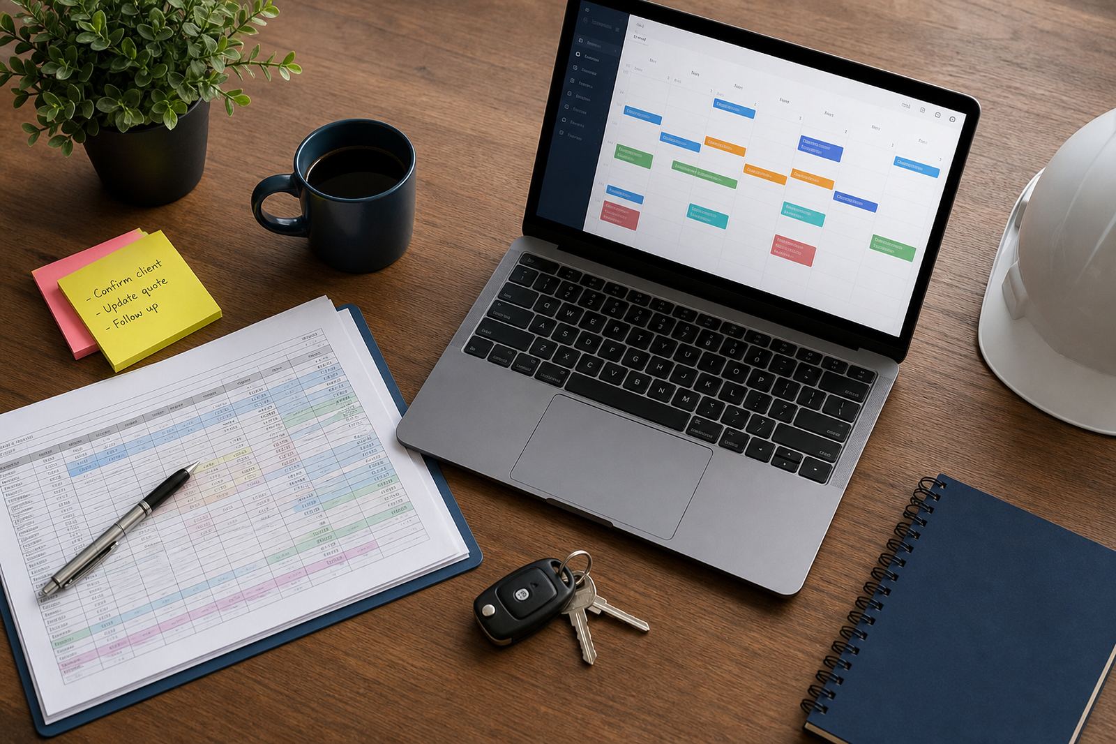 Office desk with printed schedule sheets next to a laptop calendar for field crews