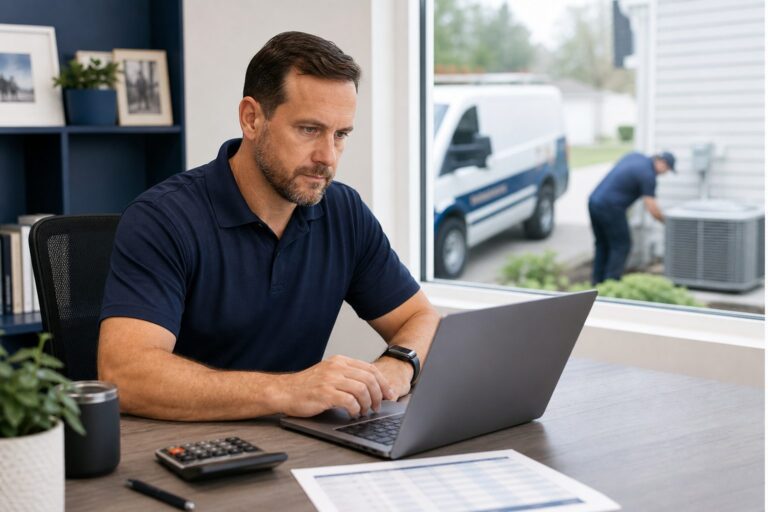 HVAC contractor reviewing job costs and profitability