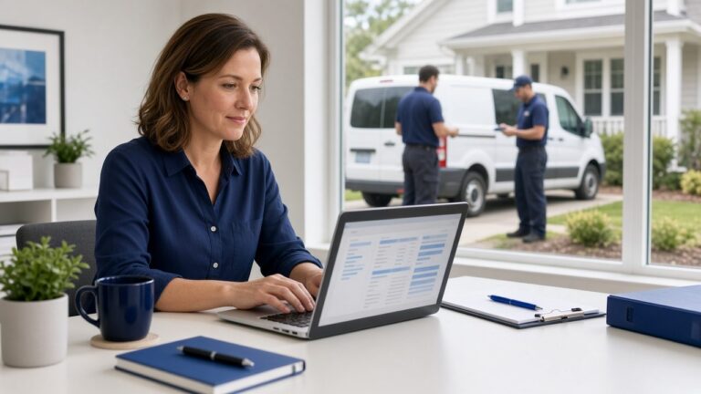 Field service manager reviewing technician schedules on a laptop while a service crew works outside