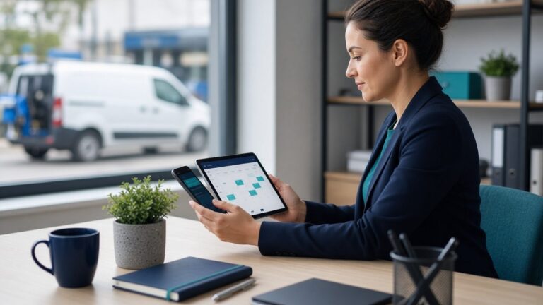 Field service coordinator confirming appointments on a tablet and phone with a service van outside