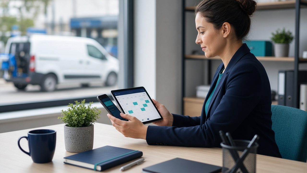 Field service coordinator confirming appointments on a tablet and phone with a service van outside